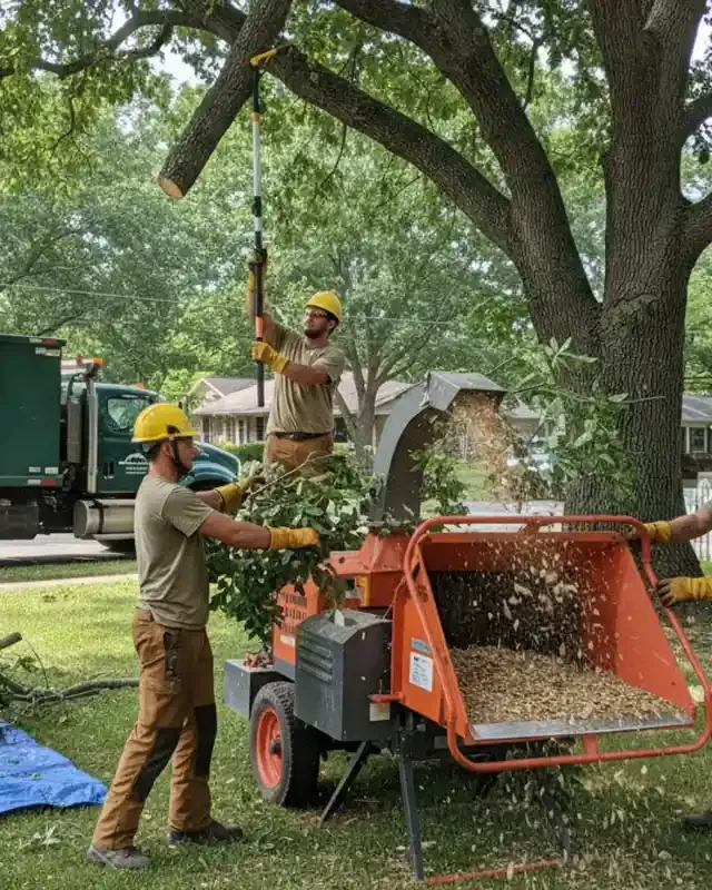 Our crew at the base of a mature oak before a removal in Midlothian